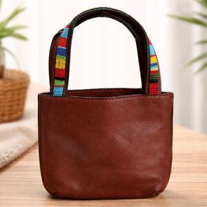 Fossil Mini Leather Tote Bag NWOT Brown Pebbled Beaded Rainbow Handles